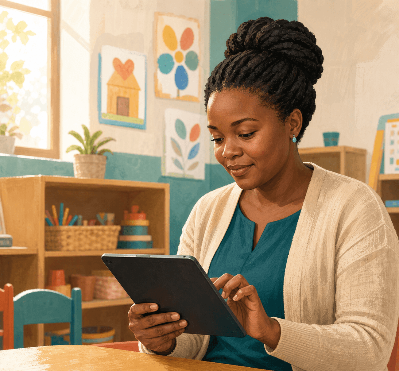 An early childhood development teacher using a tablet